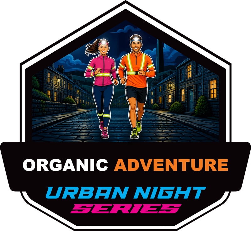 Organic Adventure Urban Night Series badge: a runner under a full moon